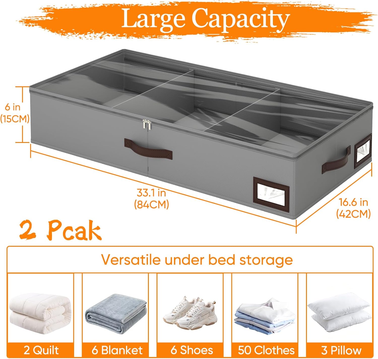 2 Pack 53L Under Bed Storage with Adjustable Dividers, 6" Low Profile Underbed Storage Bins for Comforters & Clothes