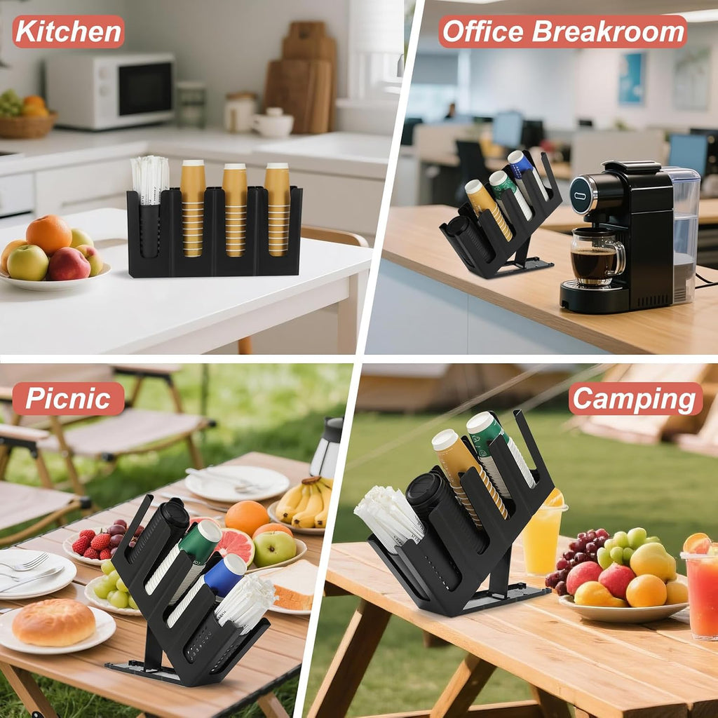 Paper Cup and Lid Holder with Straw Organizer,4 Compartment Adjusting,Coffee Cup Dispenser for Countertop,Coffees