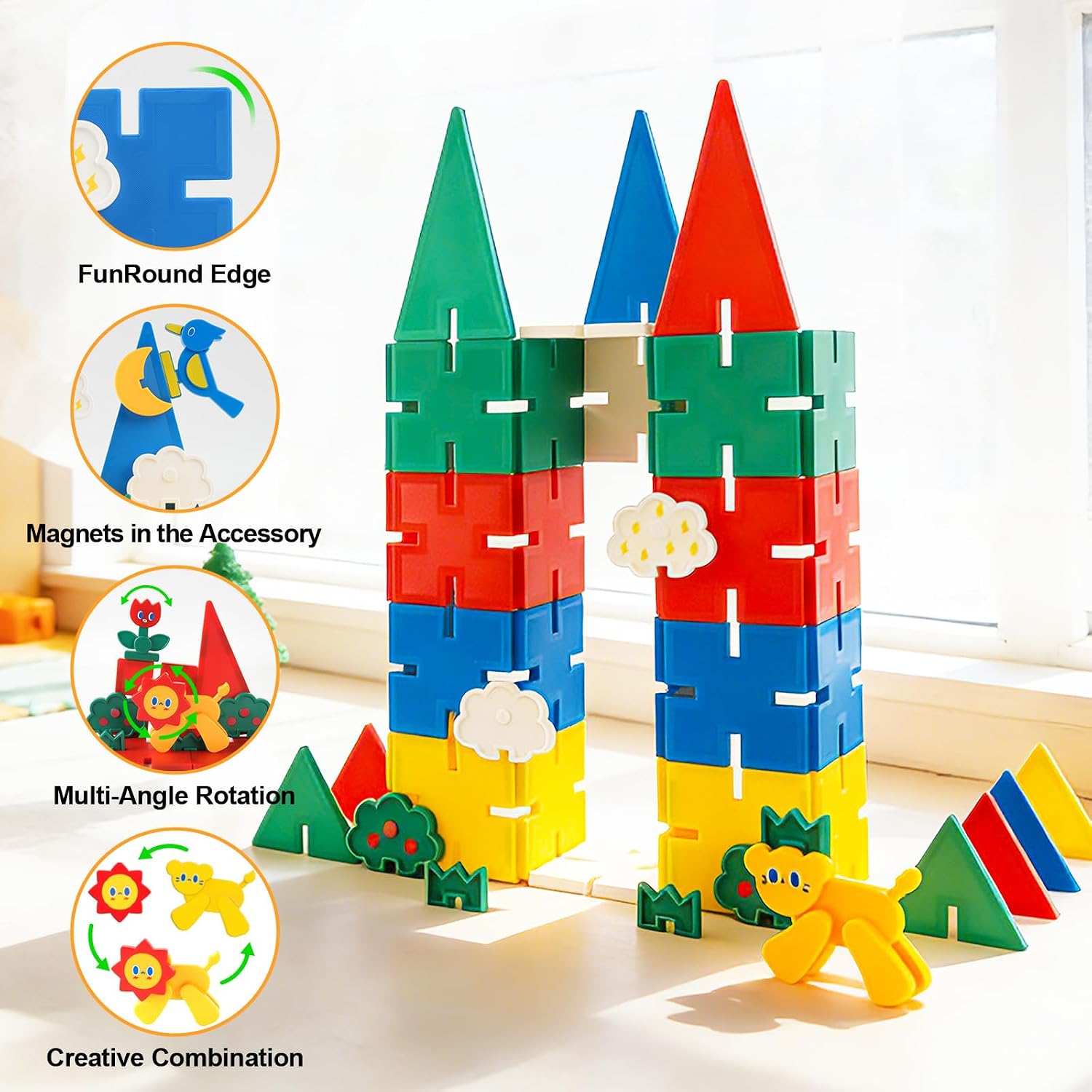 Magnetic Tiles 58PCS,Groove Interlocking Design Magnet Building Blocks with Lion, Sun,Cloud & Grass,STEM Toys for