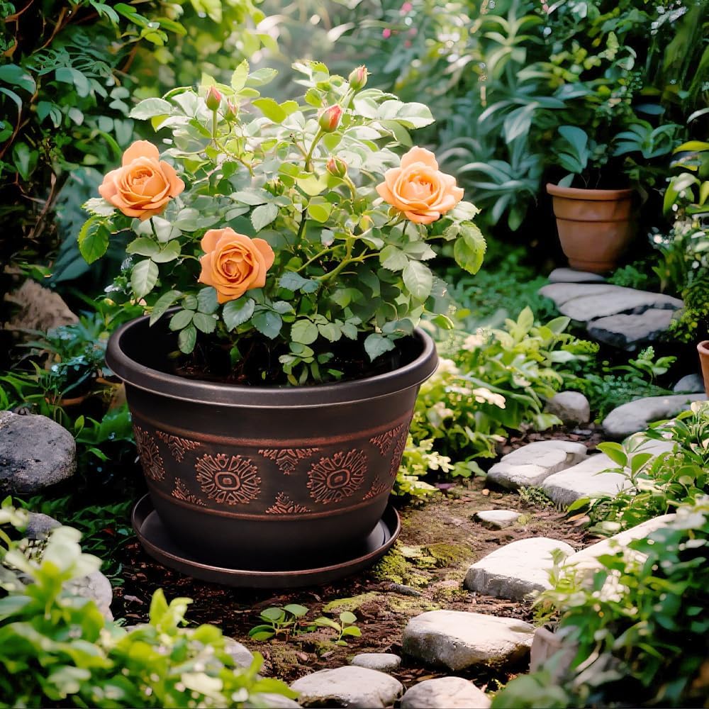 10 Inch Retro Plant Pots 4 Pack with Drainage and Saucers Copper | Copper retro PP pots with drainage holes and