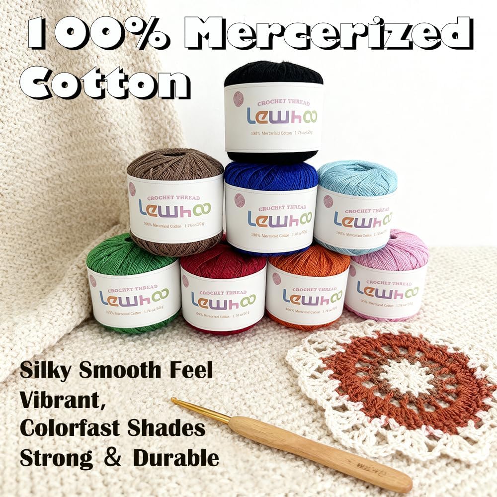 Crochet Thread, Size 10 Mercerized Cotton Lace Yarn Set | 8 Pearl 50g Balls Yarn for Hand Knitting