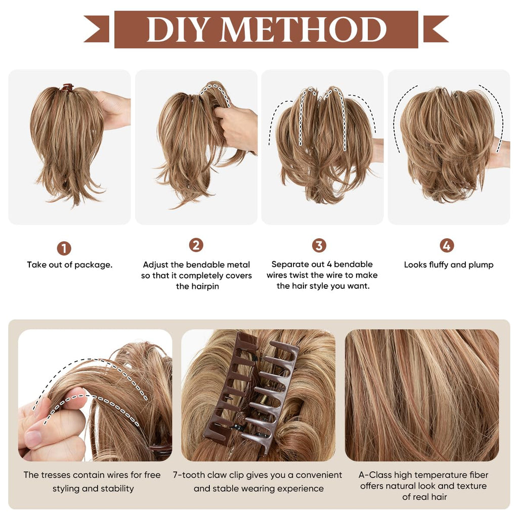 Claw Clip Short Ponytail Hair Extensions DIY Bendable Metals Messy Bun Hair Piece for Wonen Straight Synthetic Fake