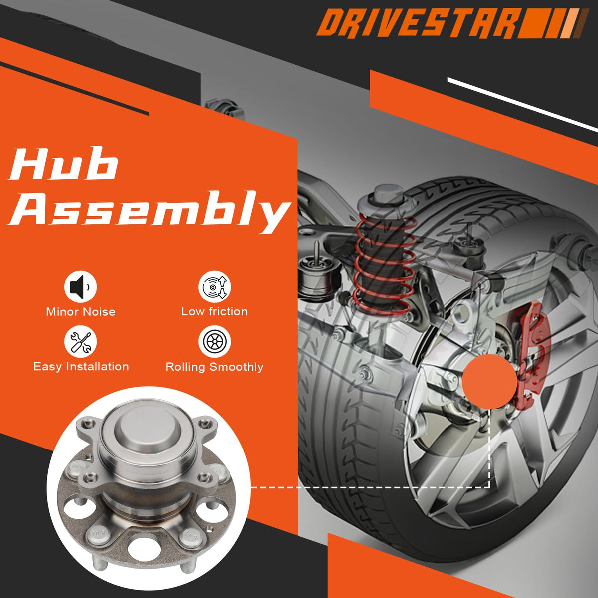 DRIVESTAR 512450 Rear Wheel Bearing Hub Assembly, 5-Lug w/ABS