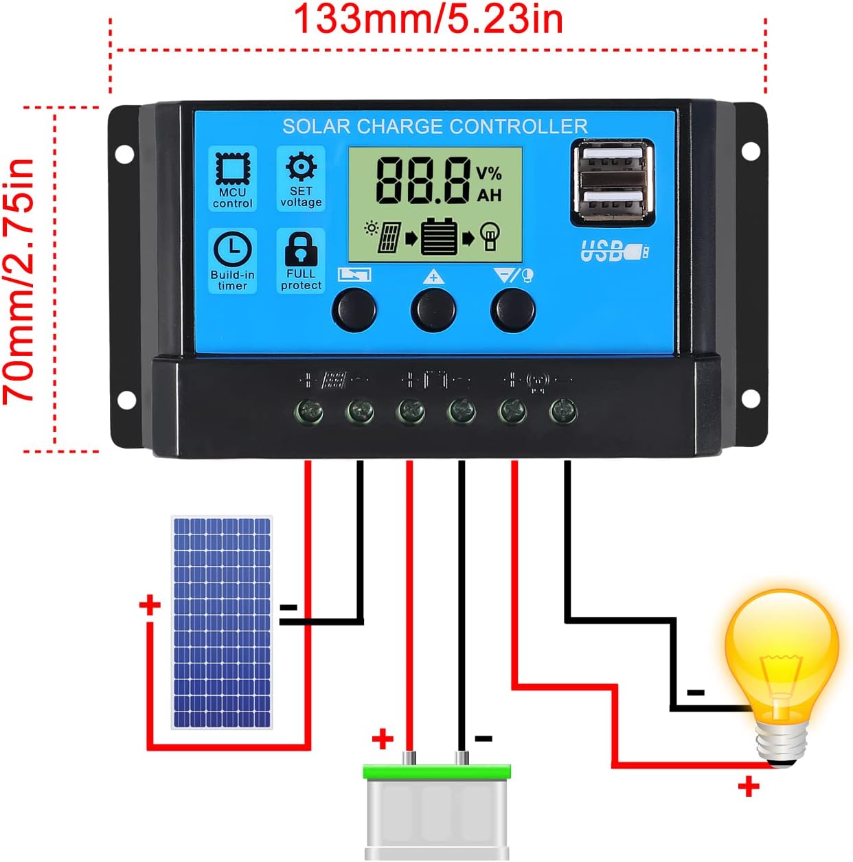 2pcs 30A Solar Charge Controller 12V/ 24V Solar Panel Charge Controller Intelligent Regulator with 5V Dual USB Port