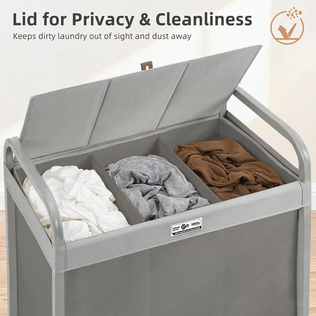 3 Section Laundry Sorter, 60 Gal. Laundry Hamper Cart with Heavy Duty Rolling Lockable Wheels and Removable Bags