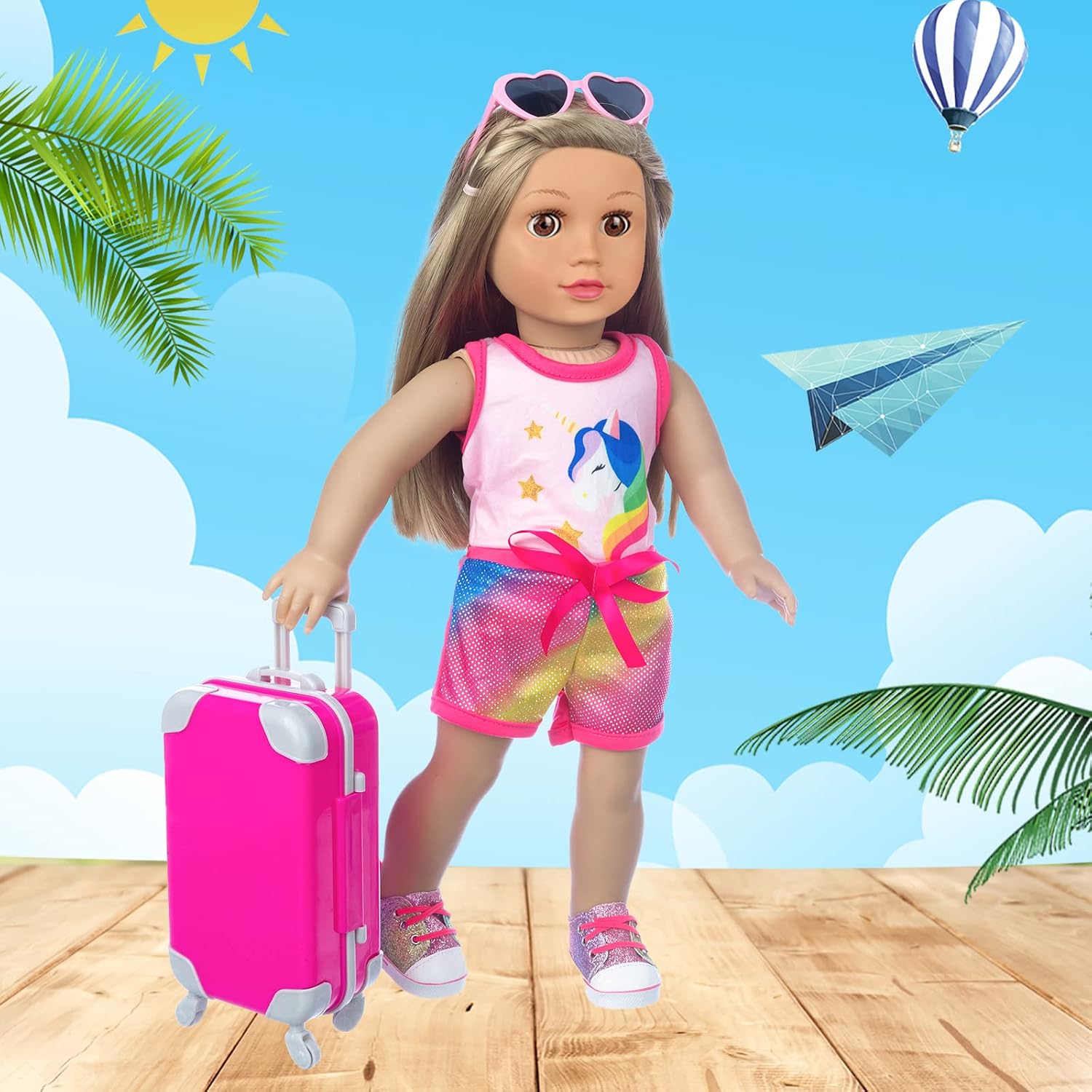 23 Pcs American 18 inch Doll Clothes and Accessories - Suitcase Luggage , Pillow, Sunglasses, Camera, Passport