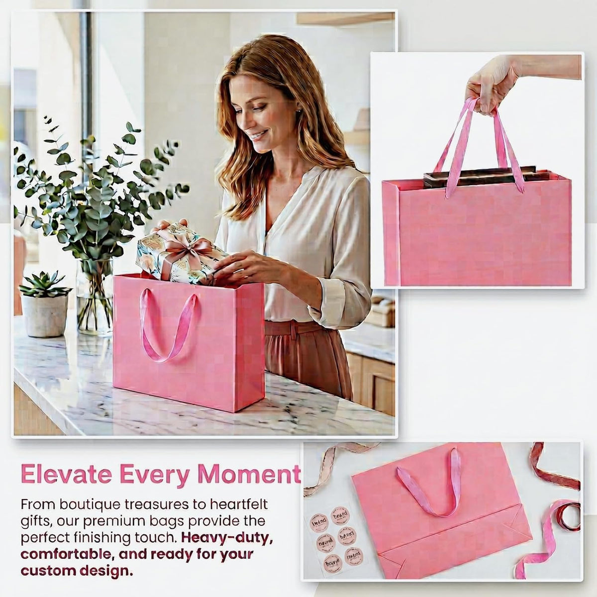 30 Pack Pink Gift Bags, Heavy Duty Kraft Paper Bag