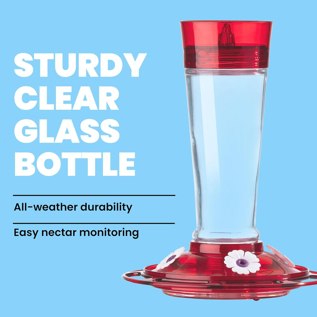 Bird Health+ Ruby Hummingbird Feeder, Glass Hummingbird Feeders for Outdoors, 4 Feeding Stations, 10 Ounces, Ruby Red