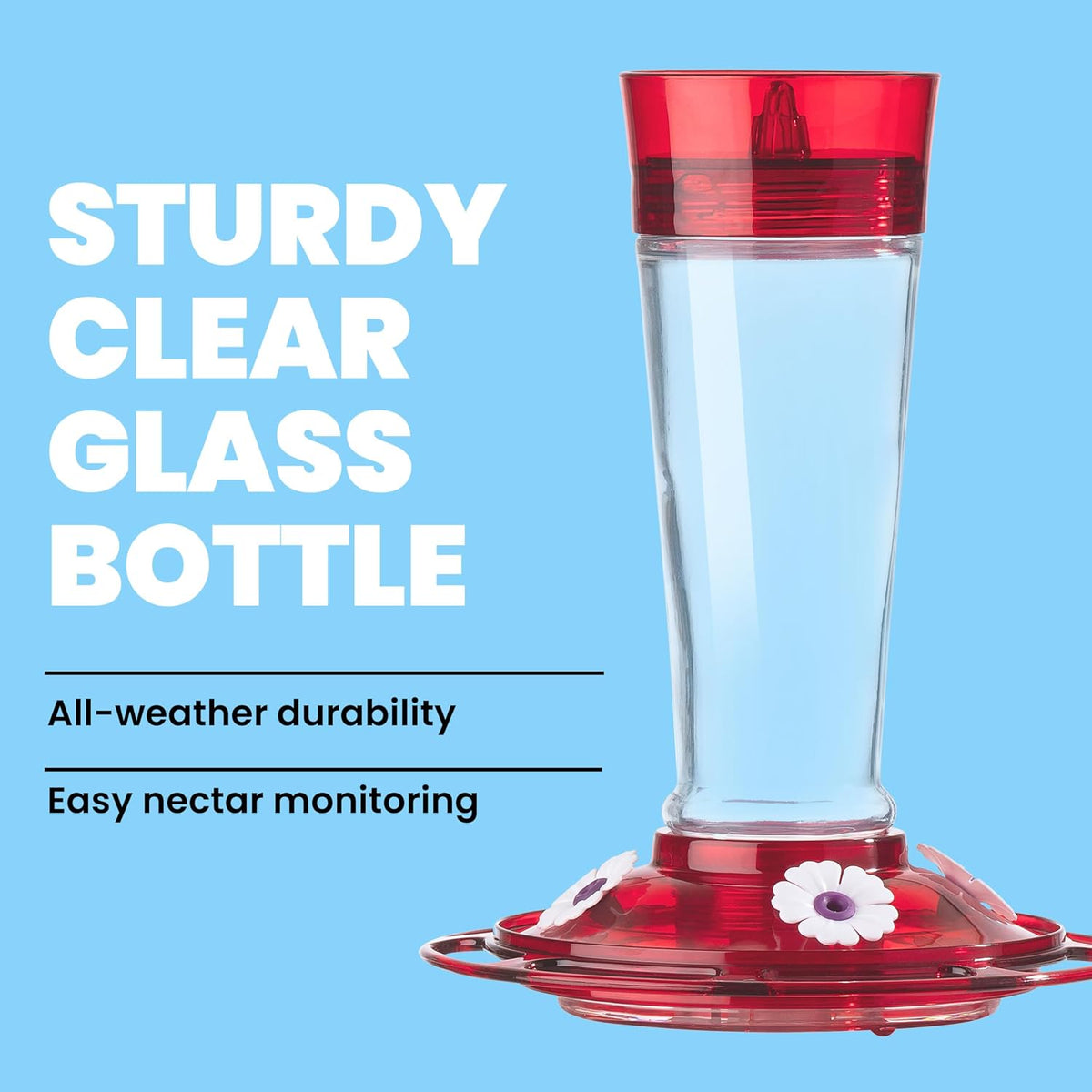 Bird Health+ Ruby Hummingbird Feeder, Glass Hummingbird Feeders for Outdoors, 4 Feeding Stations, 10 Ounces, Ruby Red