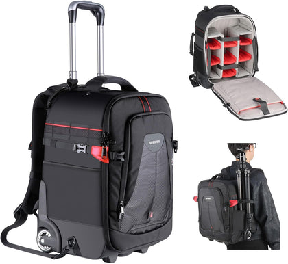 2-in-1 Rolling Camera Backpack Trolley Case - Anti-shock Detachable Padded Compartment, Hidden Pull Bar, Durable