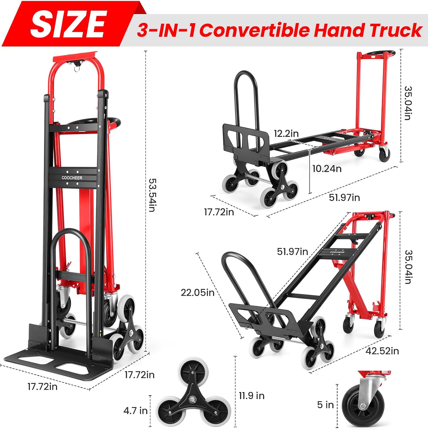 Heavy Duty 1000lbs Hand Truck, 4-in-1 Convertible Stair Climbing Dolly | Foldable Platform Utility Cart with Rubber