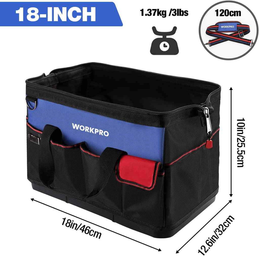 Tool Bag, 18 Inch Tool Bag with Waterproof Molded Base, Open Top Tool Organizer Bag with 20 Pockets, Adjustable