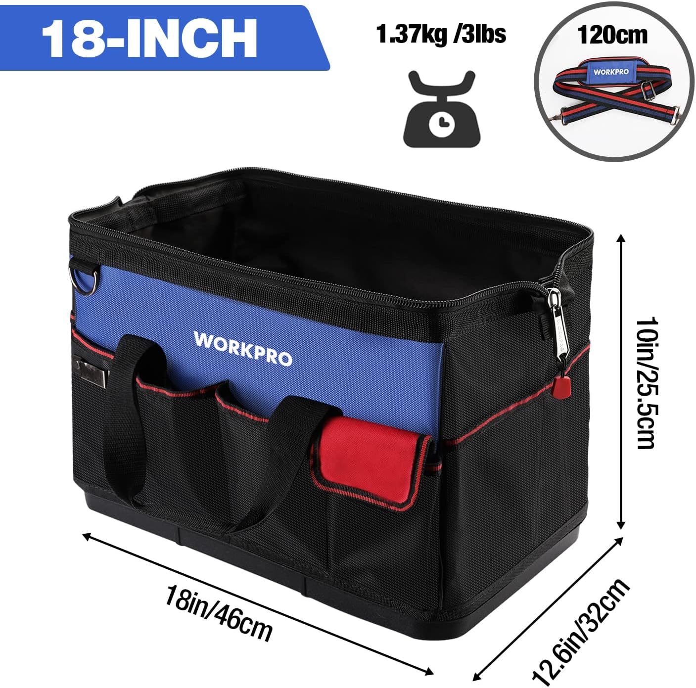 Tool Bag, 18 Inch Tool Bag with Waterproof Molded Base, Open Top Tool Organizer Bag with 20 Pockets, Adjustable