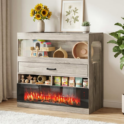 36" Hamster Cage with Storage Cabinet, Small Animal Cage with 36" Electric Fireplace, Flip-Top Lid & Acrylic Viewing