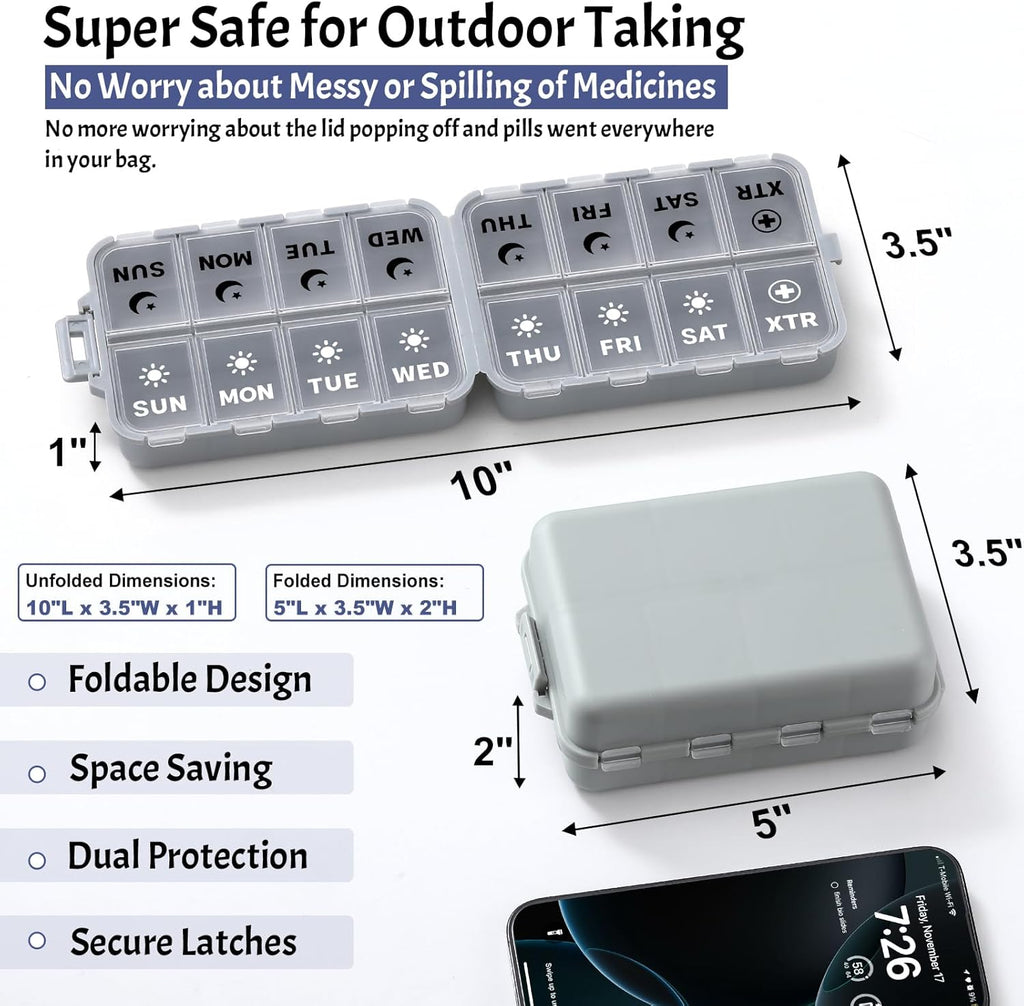 Foldable Weekly Pill Organizer 2 Times a Day with 2 Extra Compartments (Clear Printed Labels) - Portable 7 Day AM PM
