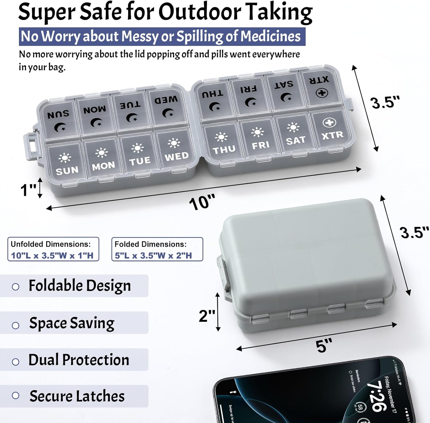 Foldable Weekly Pill Organizer 2 Times a Day with 2 Extra Compartments (Clear Printed Labels) - Portable 7 Day AM PM