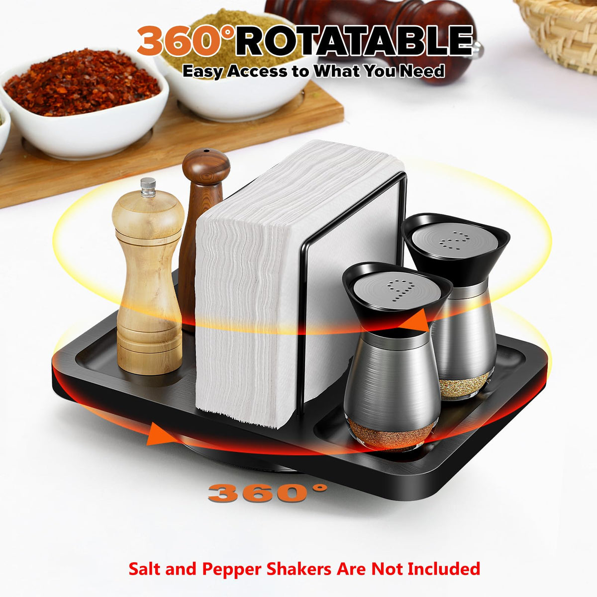 Rotating Napkin Holder for Table with Salt Pepper Shakers Caddy, Black
