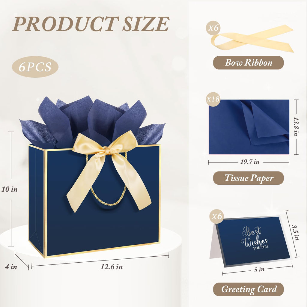 6 Pack Navy Blue Large Gift Bags with Handles & 18 Tissue Papers