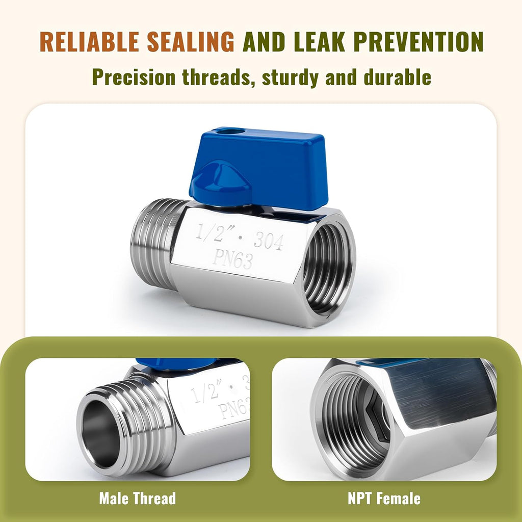 4Pack 1/2" Mini Ball Valve, 304 Stainless Steel Shut-Off Valve NPT Female x Male Thread Small Valves for Compact Space (4, 1/2 Inch)