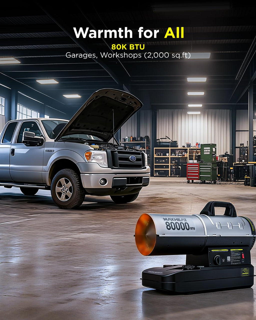 80,000 BTU Kerosene Forced Air Heater, Compact Portable Design, LED Thermostat Control, Quiet High-Efficiency