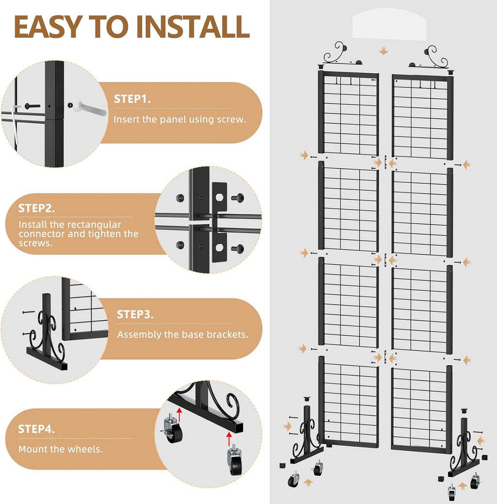 Grid Wall Panel Display Stand, 2.2' x 6.2' FT Gridwall Panel with Extra 8 Hooks, Craft Show Display Rack Black Metal