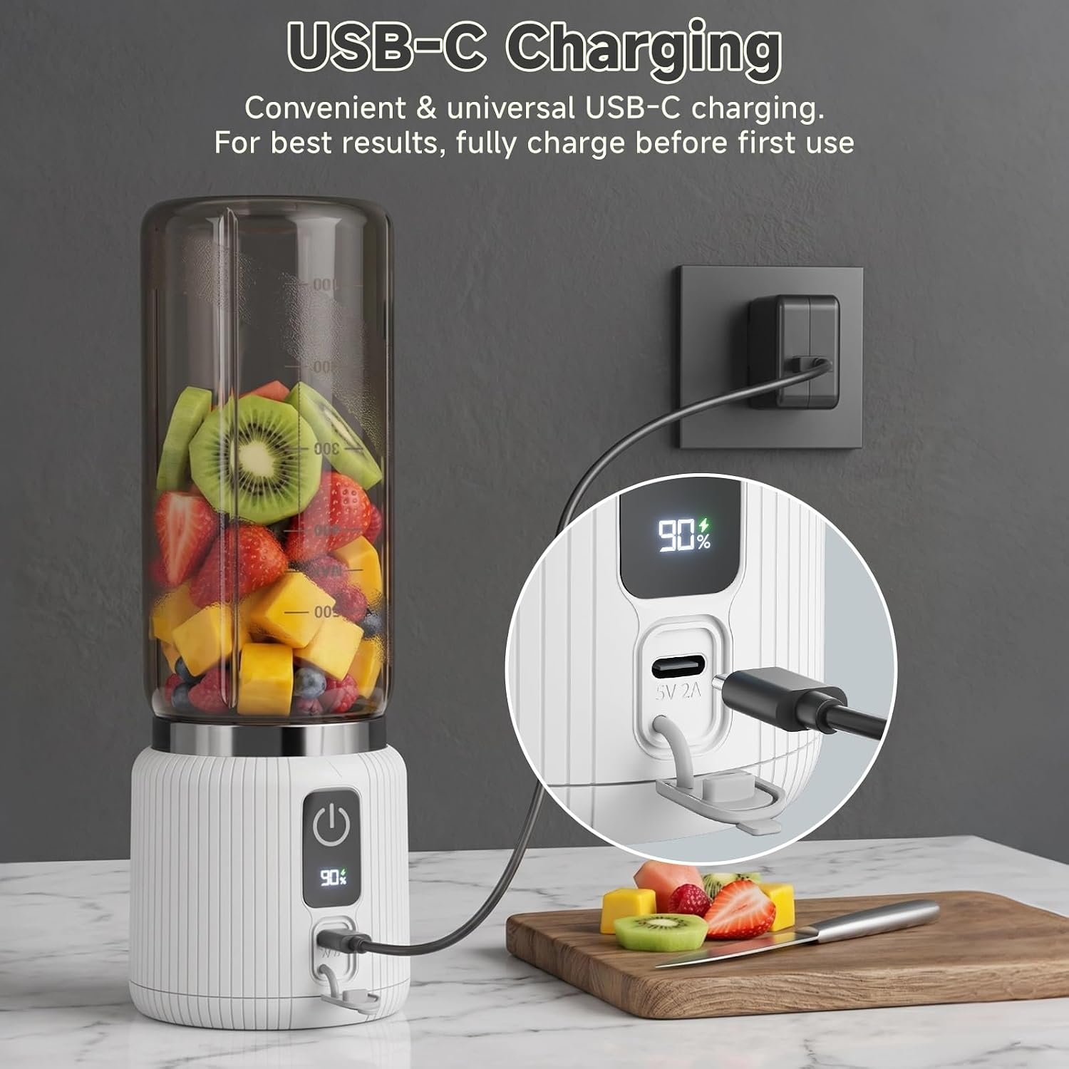Portable Blender, Smoothie Blender with LED Display, 17 oz, White | 8 Blades, LED Display, USB-C Charging, Blender