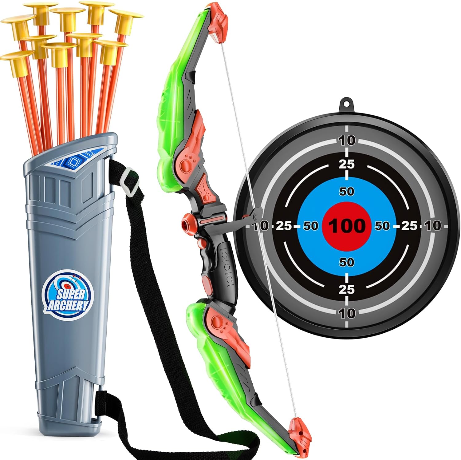 Bow and Arrow Set for Kids - Archery Toy Set - LED Light Up with Suction Cup Arrows, Target & Quiver, Indoor and