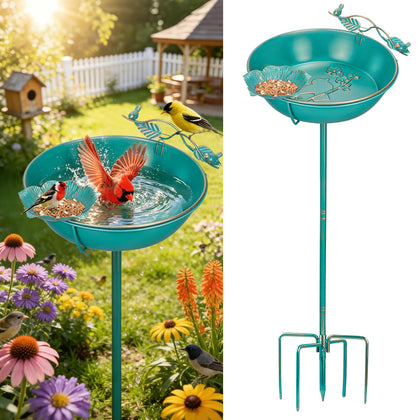Bird Bath for Outside 13", Metal Freestanding 13" Dia 39" H Lake Blue Gold Gilding Birdbath with Perch & Feeder Bowl