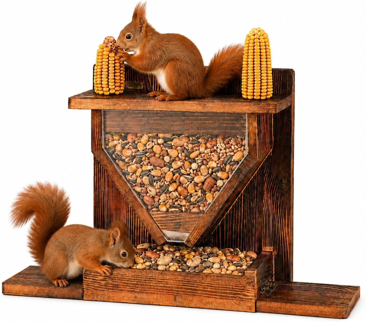 Large Wooden Squirrel Feeder Box for Outside, Window, Corn Holder, Platform