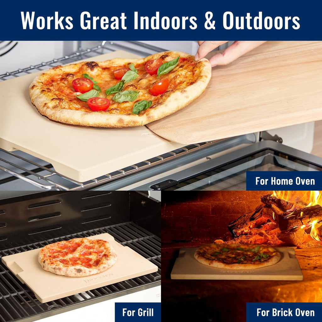 Pizza Stone for Oven and Grill, 15x12 Inch Cordierite Baking Stone with 4 Built-in Handles, 7.4lbs Heavy Duty Thermal