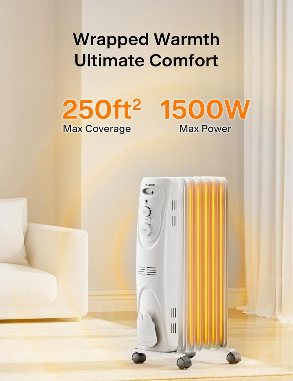 Radiator Heater for Large Space, Electric Oil Filled Radiator, Dual Knobs, 1500W, Quiet Space Heater, 3 Modes
