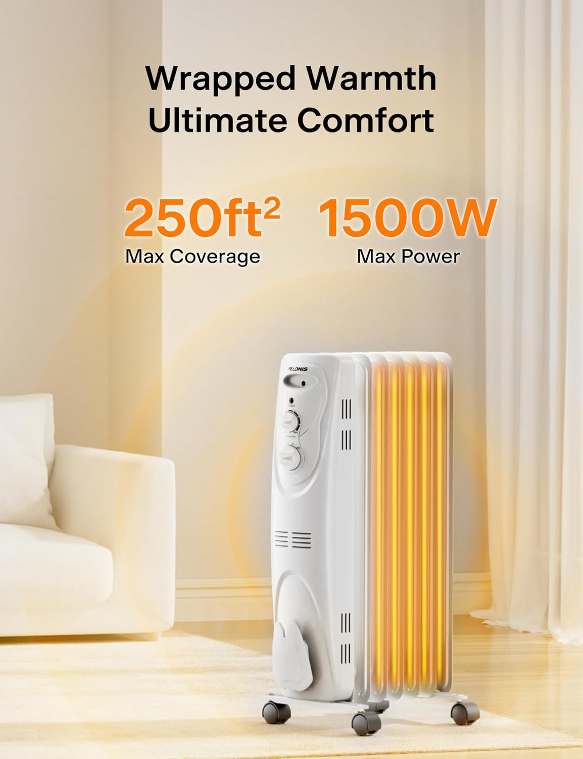 Radiator Heater for Large Space, Electric Oil Filled Radiator, Dual Knobs, 1500W, Quiet Space Heater, 3 Modes