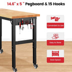 60-Inch Workbench on Wheels with Power Outlet & Pegboard