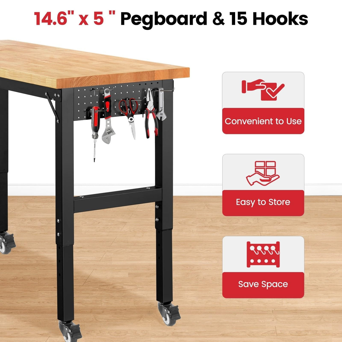 60-Inch Workbench on Wheels with Power Outlet & Pegboard