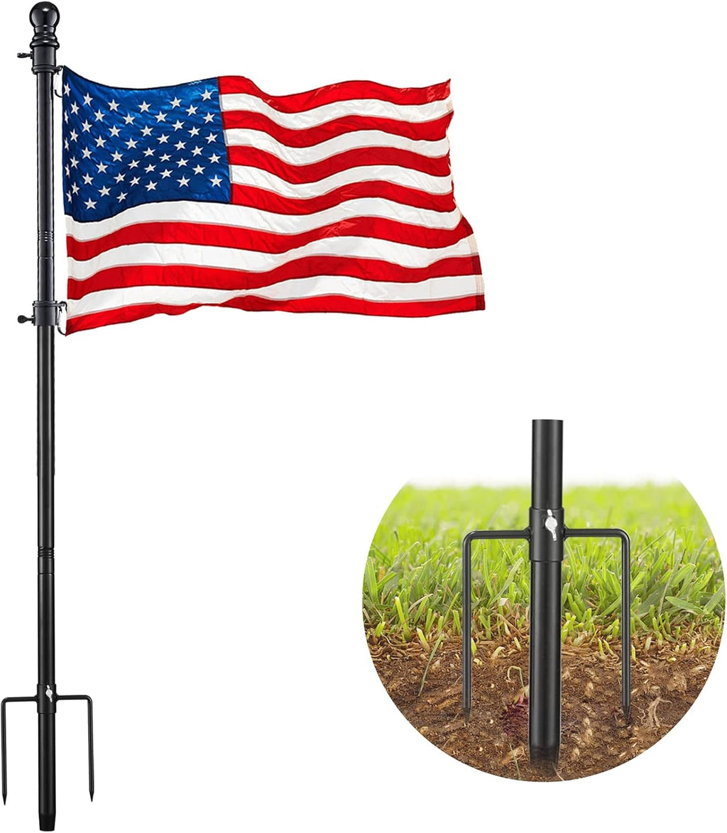 Flag Pole Kit for Outside House in Ground - 8FT Black Metal Outdoor House Yard Garden Flag Pole with 2 Pronges Base