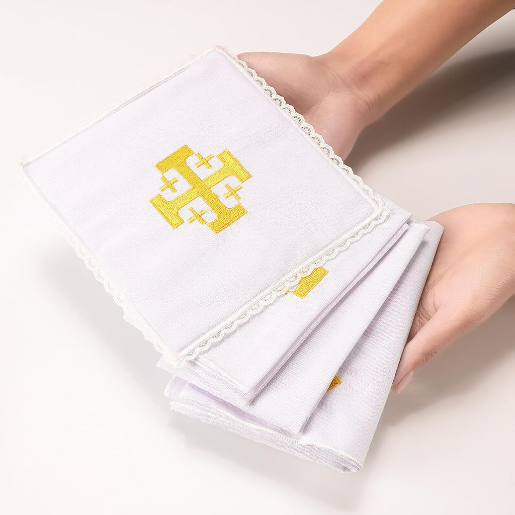 4 Pack Altar Supplies Linen Corporal for Churches Set (Pall,Corporal,Purificator,Towel) White Linen Altar Cloth Gold