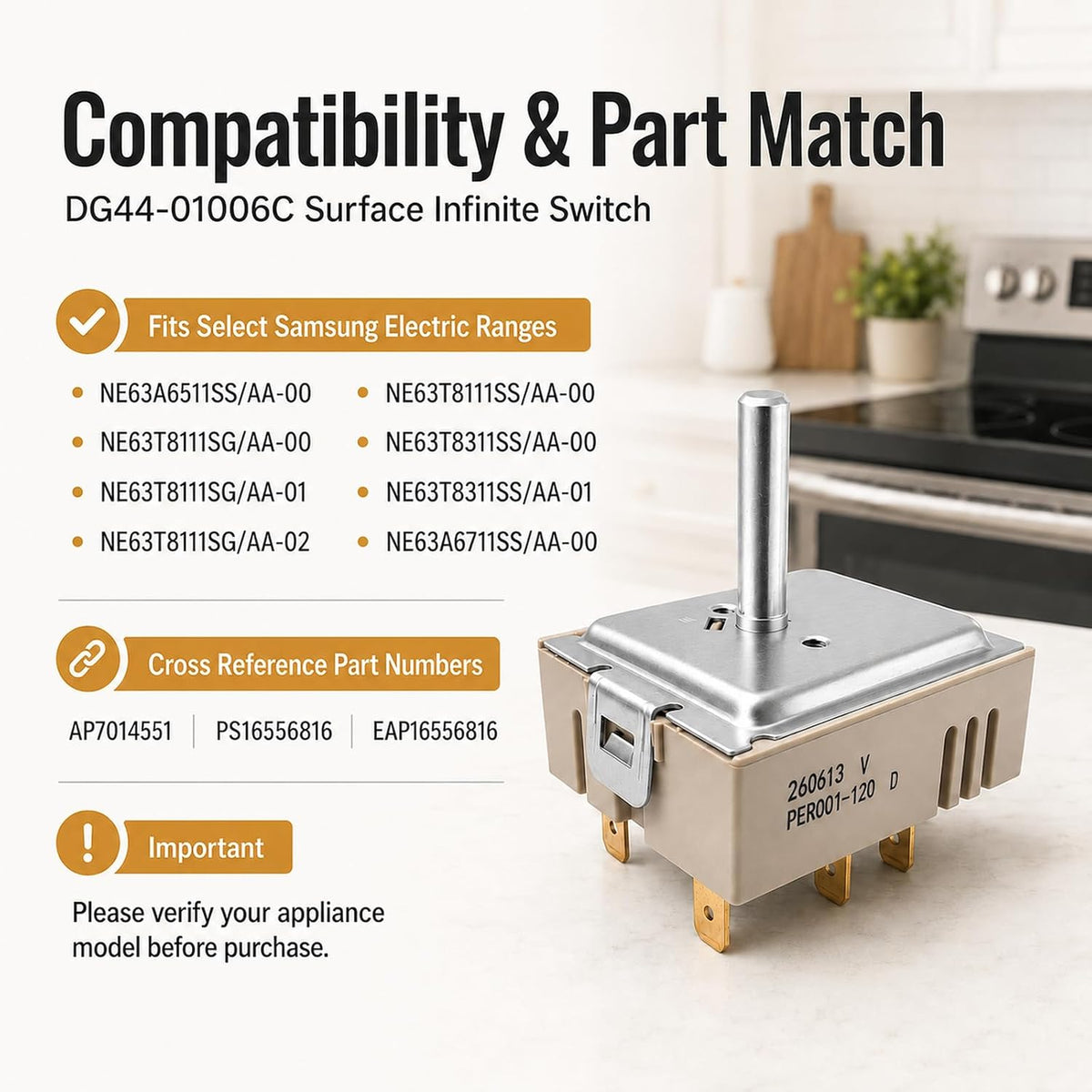 DG44-01006C Infinite Control Switch Compatible with Samsung Ranges Cooktops