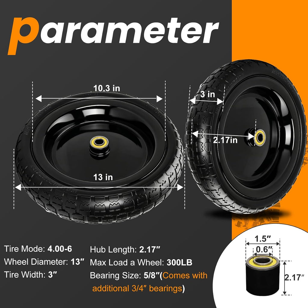 13" Flat Free Wheels Replacement for GOR Garden Cart Tires, 4.00-6 Solid Tires with 5/8"Bearings, 13" No Flat Wheels