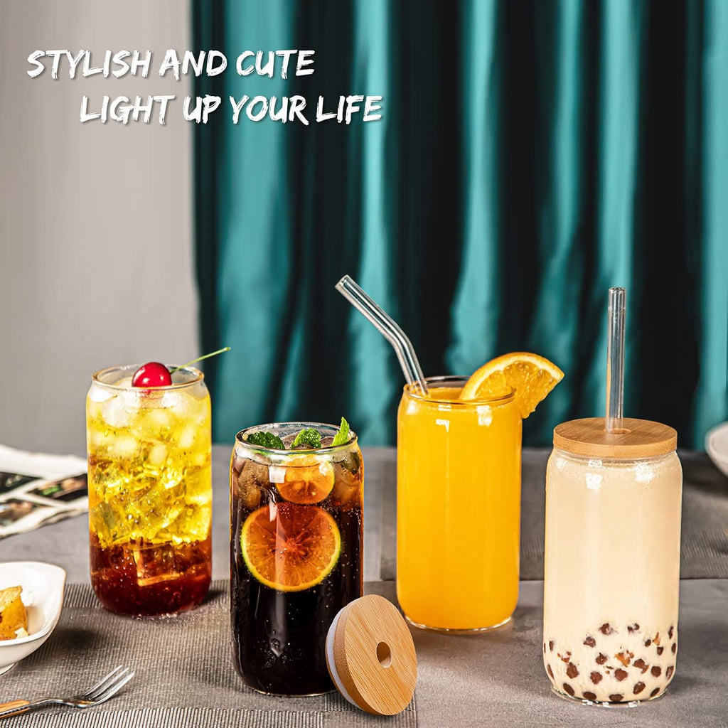16 Oz Drinking Glasses - 8 Pcs Glass Cups with Bamboo Lids and Straws | Food-grade durable clear tumbler, Coffee bar
