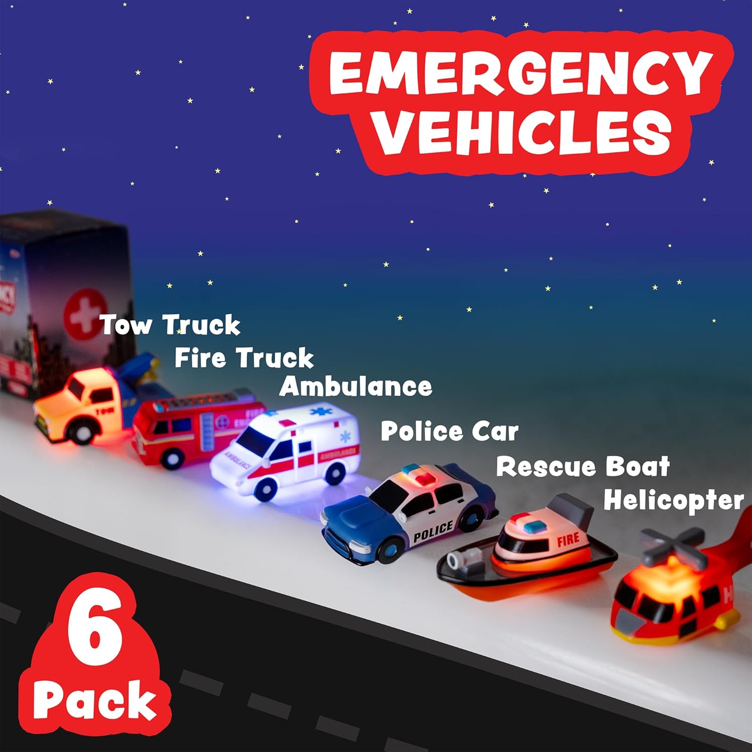 Emergency Cars Light Up Bath Toys, 6 Pack | Water-Activated Light Up Toys Flash & Change Color | Soft, Squeezable