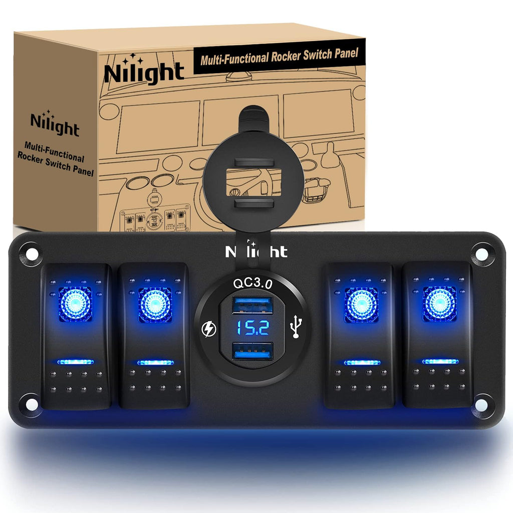 Nilight 4 Gang Rocker Switch Panel with QC3.0 Dual USB Charger Voltmeter