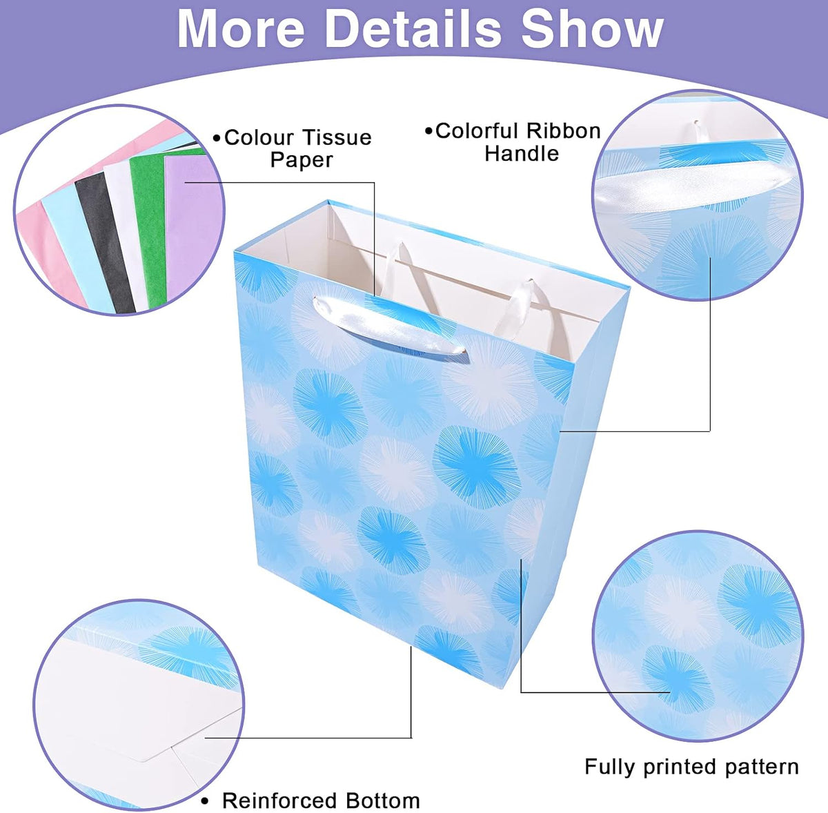 12 Pack Gift Bags Assorted Sizes and Designs with Tissue Paper