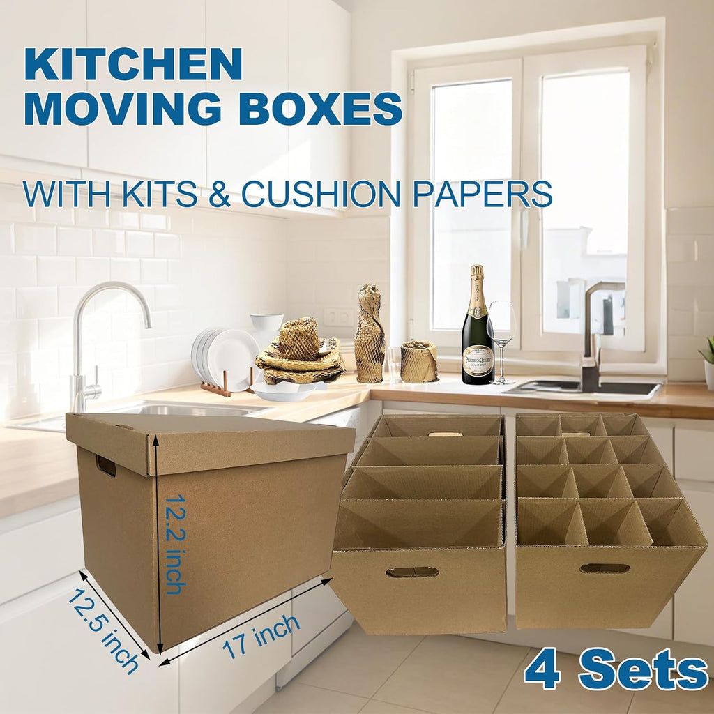 Tape-Free Kitchen Moving Boxes 17x12x12" for Dishes & Glassware