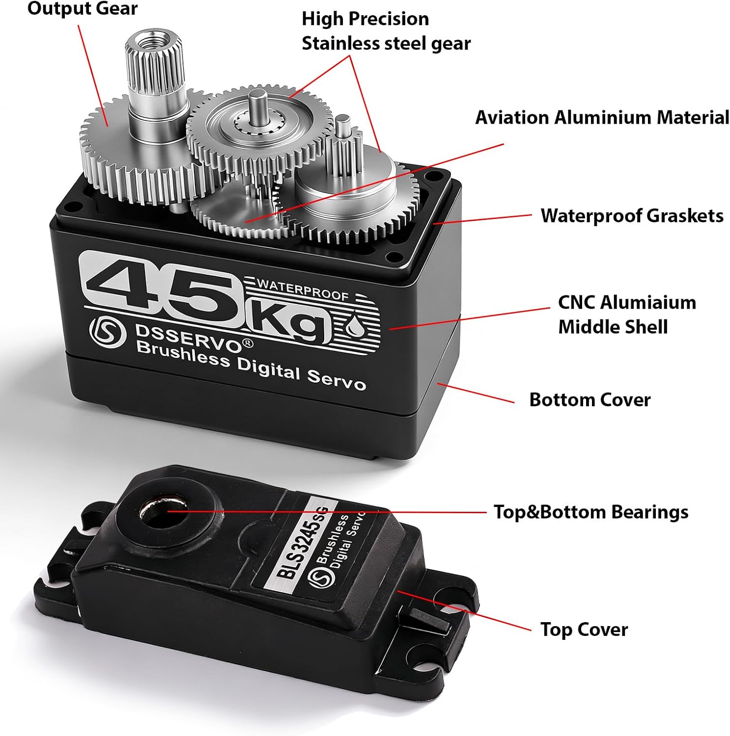 45kg Rc Servo Brushless Servo Metal Gear High Torque for TRX4 TRX6 SCX10 III 1/10 RC Crawler Upgrade Parts (45KG-270°)