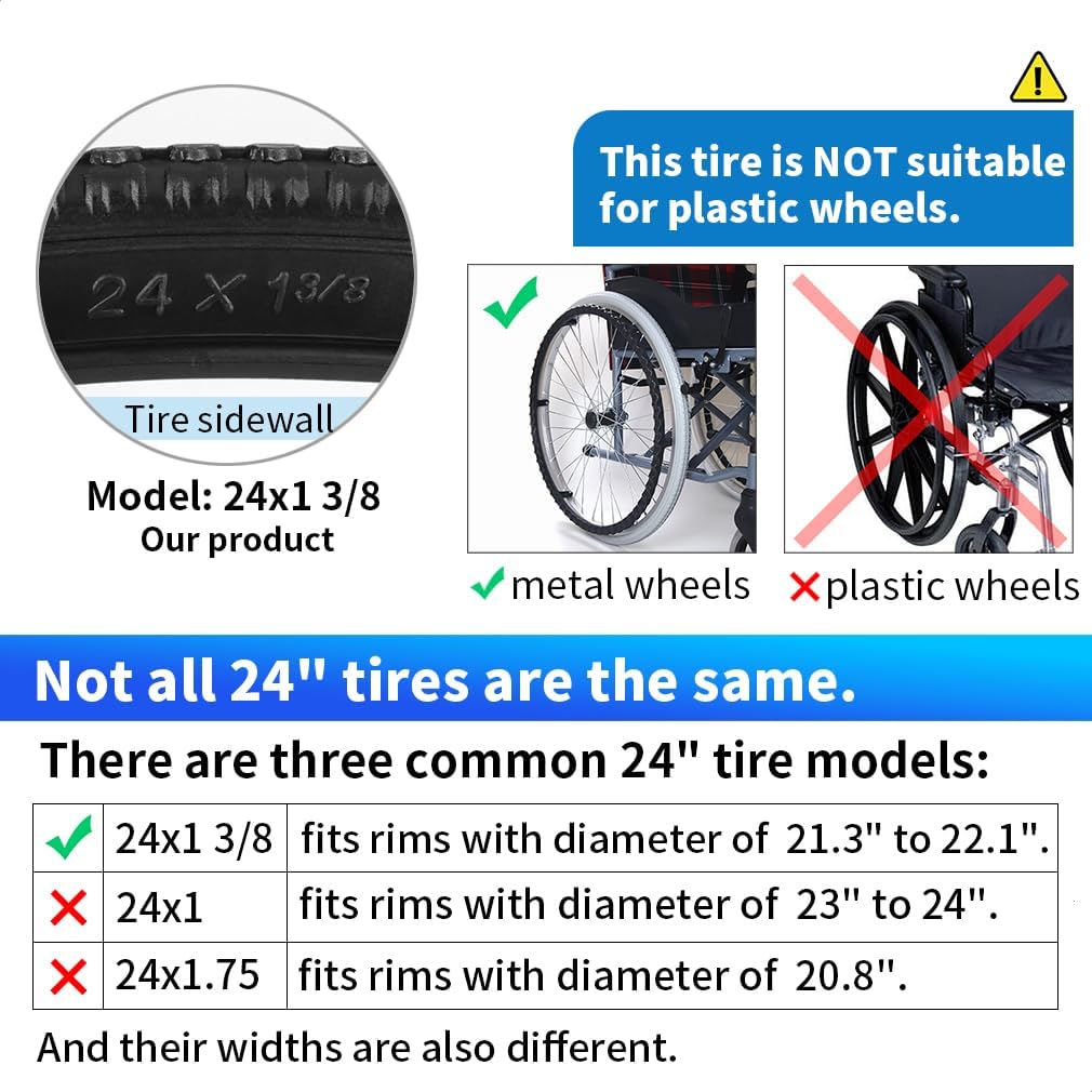 Wheelchair Solid Tires 1 Pair 24x1 3/8" Flat-Free PU Replacement