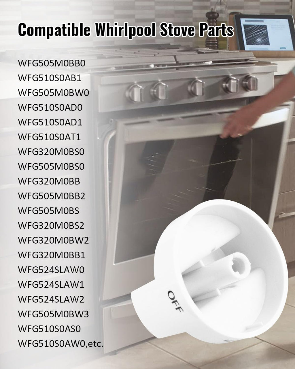 4Pack Fit for Whirlpool Gas Stove Knobs Replace #WPW10339443 AP6019878 2311009 PS11753189 PS3507189 White Stove Knobs Replacements Range Oven Knobs Part Upgraded