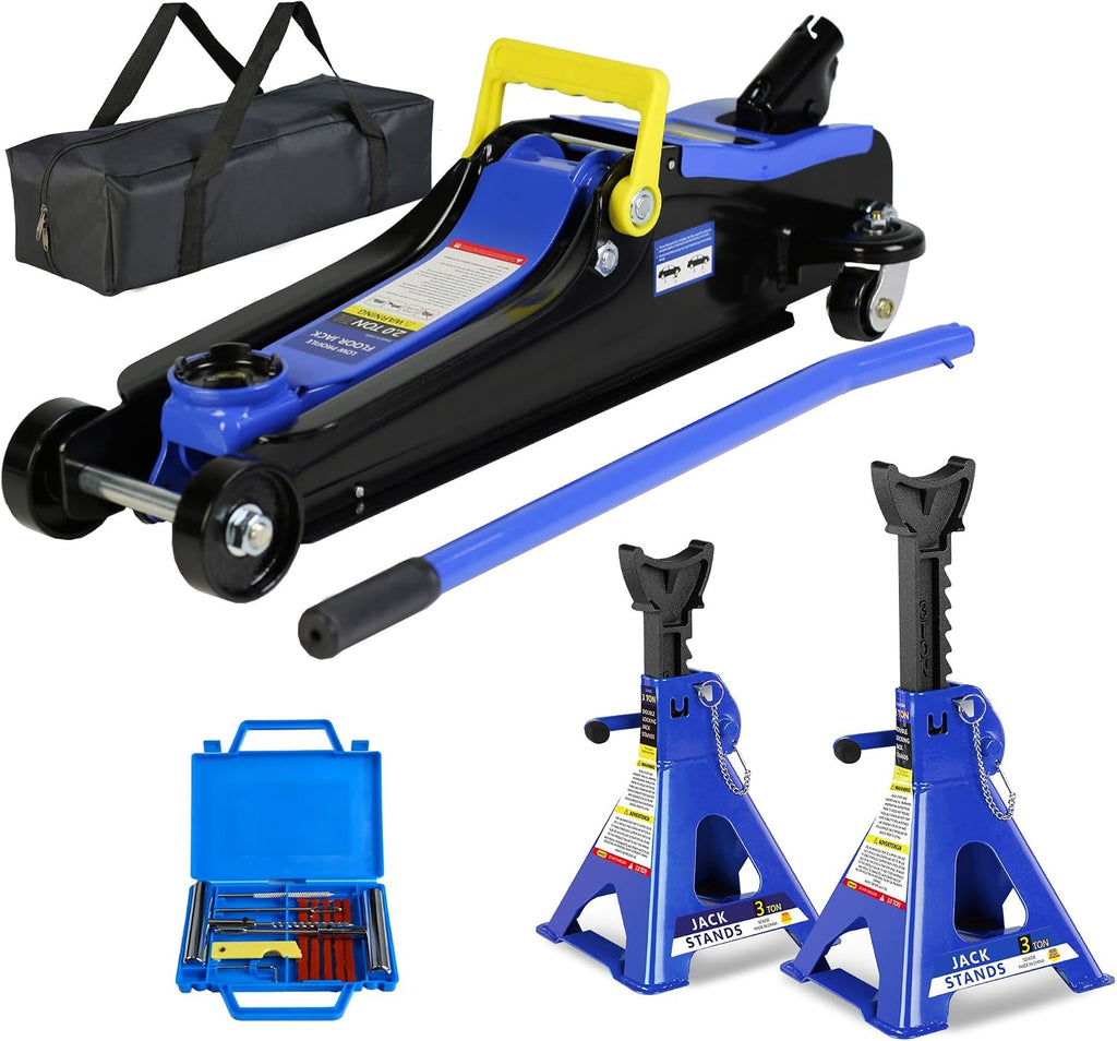 4 Piece Car Truck Floor Jack Service with Jack Stands Tire Repair Kit for Garages, Automotive,Repair Shops and DIY