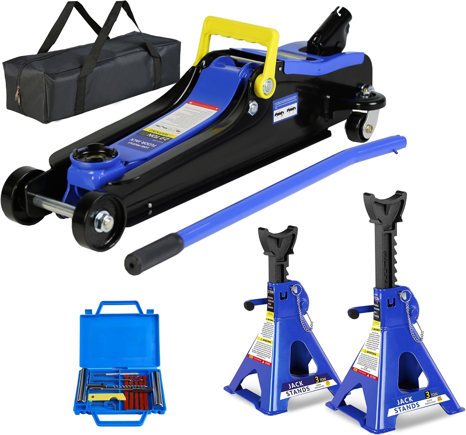 4 Piece Car Truck Floor Jack Service with Jack Stands Tire Repair Kit for Garages, Automotive,Repair Shops and DIY