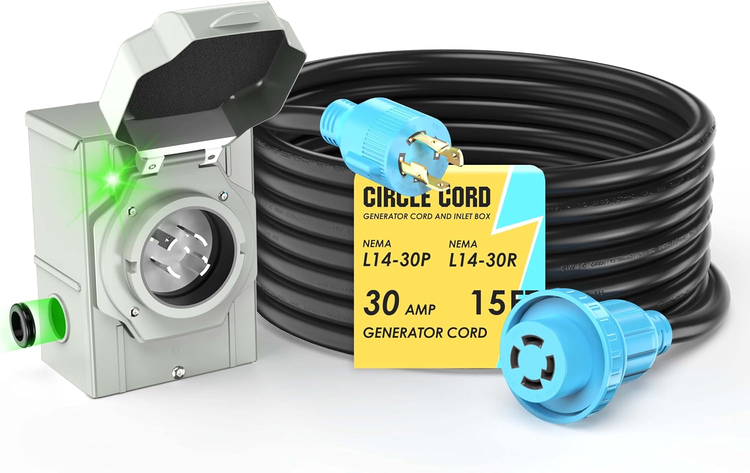 4 Prong 15 Feet 30 Amp Generator Extension Cord and Inlet Box | with Locking Connector, Heavy Duty NEMA