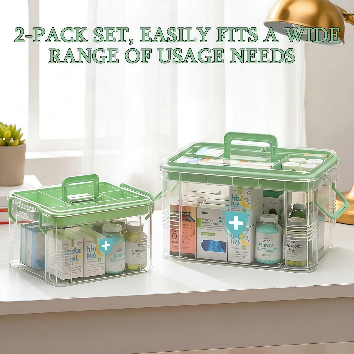 2 Pack Clear Medicine Organizer Box with Handle, Plastic Medicine Container with Tray First Aid Box Empty, Thickened